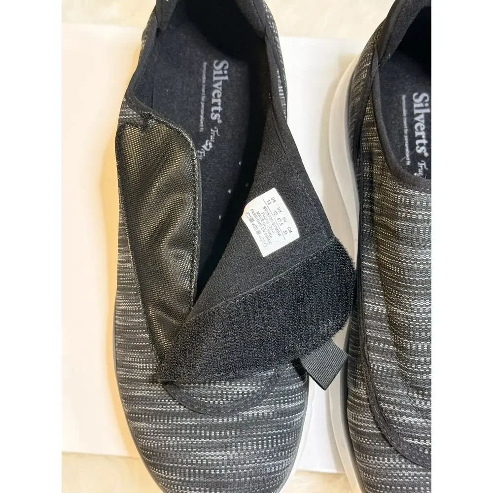 Silverts Slippers Mens, Slip-on, Velcro, Black/Gray-12